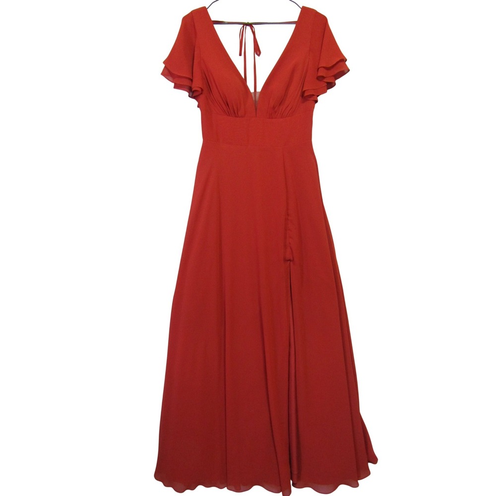 Lulu's Crimson V-Neck Flutter Sleeve Maxi Dress